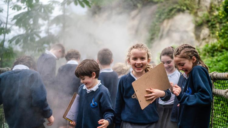 Pupils by the Eden Project waterfall in the Rainforest Biome