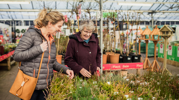 Two women looking at plants in a garden centre