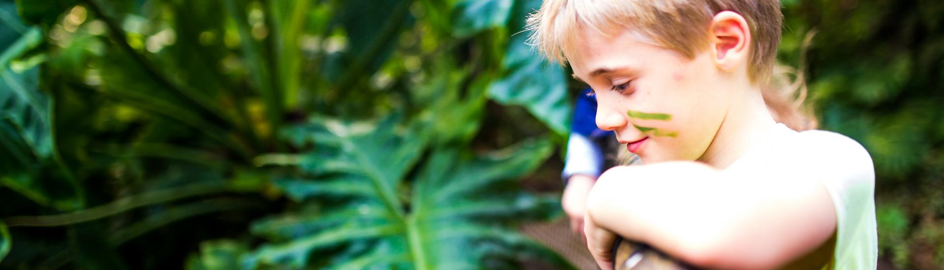 A young boy with face paint looking over the bridge 