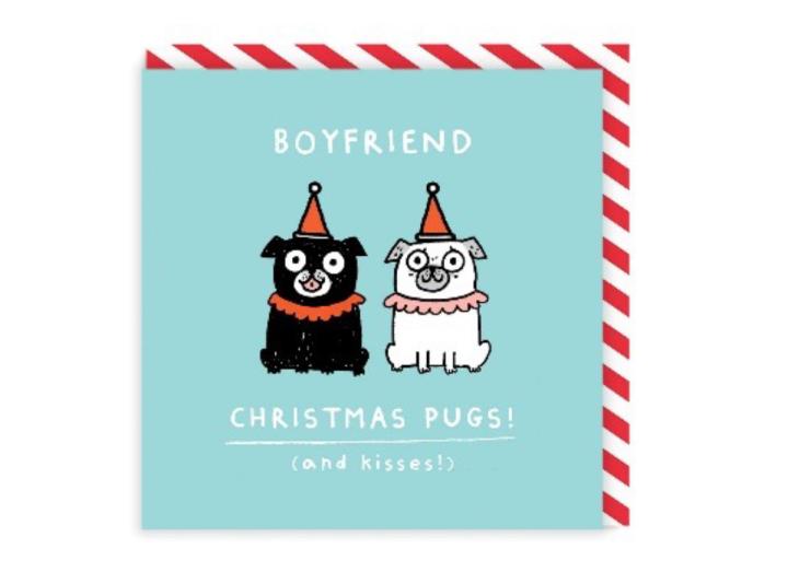 Boyfriend pugs and kisses square Christmas card