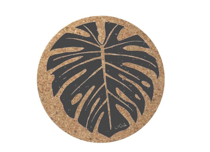Cork grey monstera coaster from Liga in Cornwall