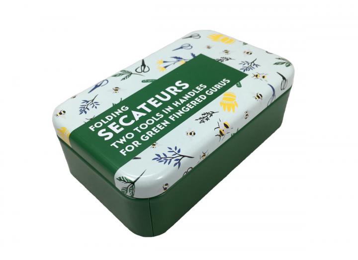 Folding secateurs in a tin from Apples to Pears