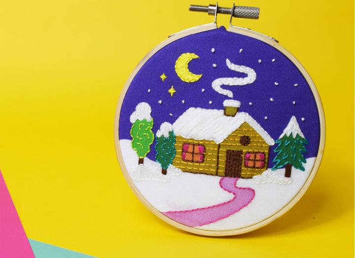 Mini embroidery kit winter cottage