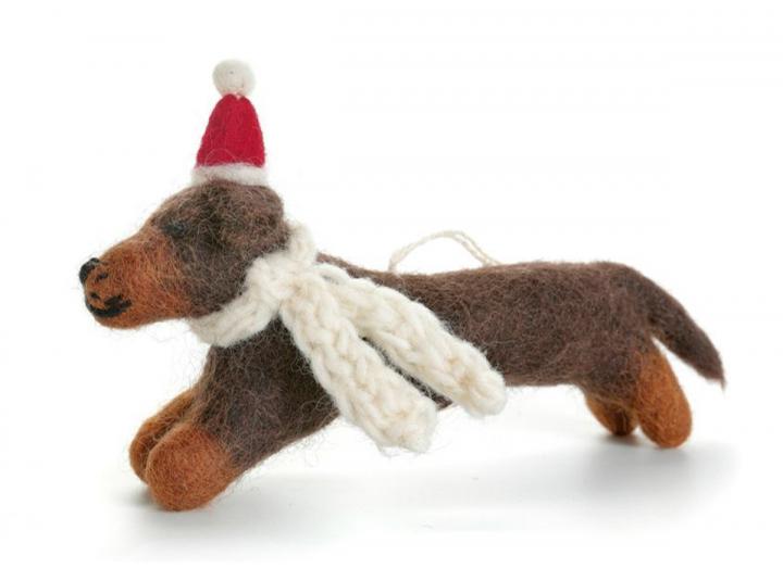Sausage dog with hat & scarf hanging decoration from Amica Felt