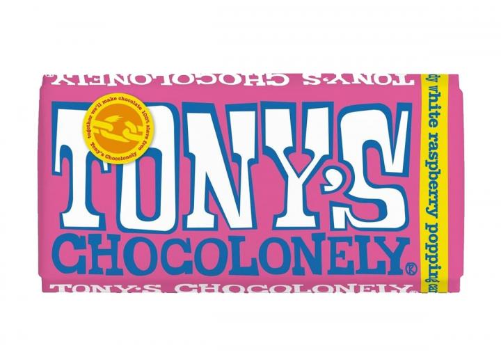 Tony's Chocolonely white chocolate with raspberry & popping candy 180g bar