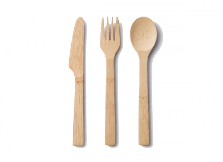 Bamboo travel utensils set in a stripy organic cotton cover