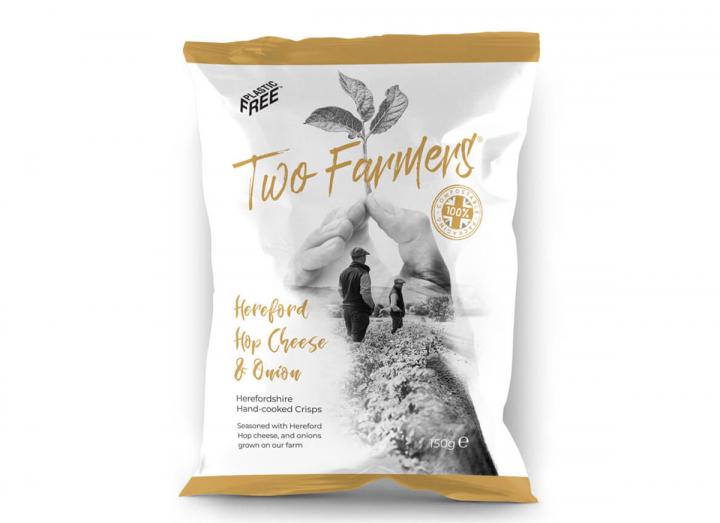 Two Farmers Hereford Hop Cheese & Onion Crisps 150g, packaged in compostable packaging
