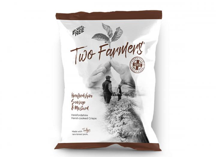Two Farmers Herefordshire Sausage & Mustard Crisps 150g, packaged in compostable packaging