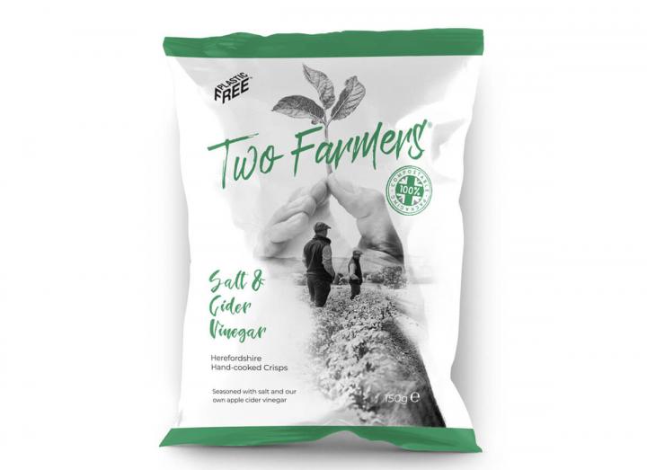 Two Farmers Salt & Cider Vinegar Crisps 150g, packaged in compostable packaging