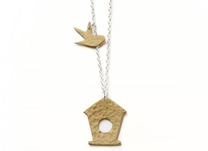 Brass bird box necklace