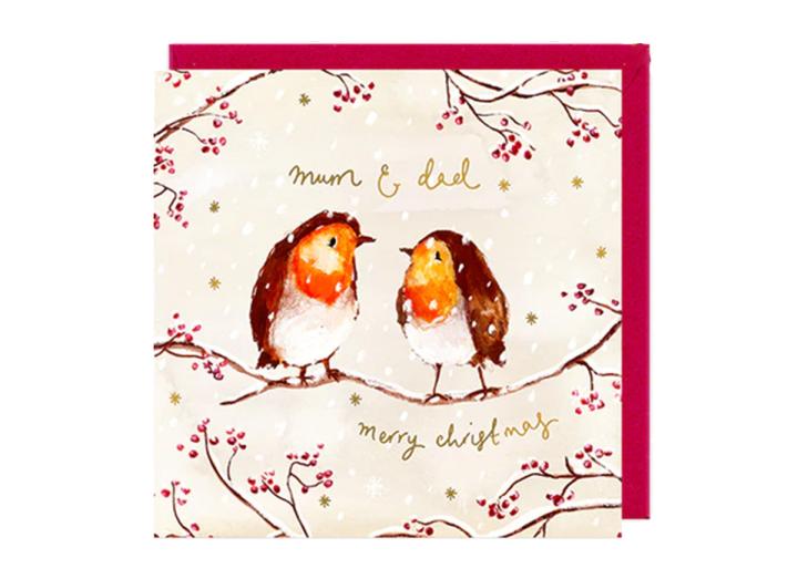 Merry Christmas mum and dad robins card