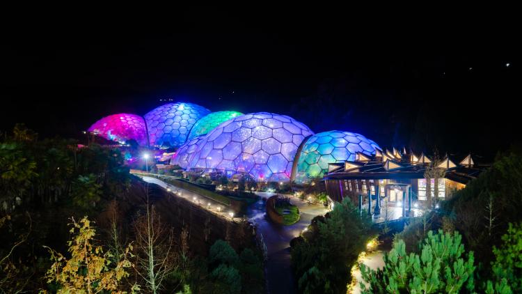 Eden's Biomes lit up with colourful lights. 