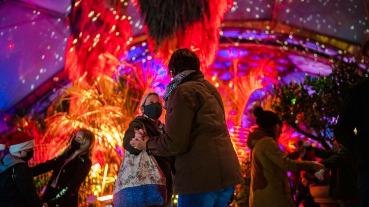 Visitors dancing in the Med Biome surrounded by Christmas lights