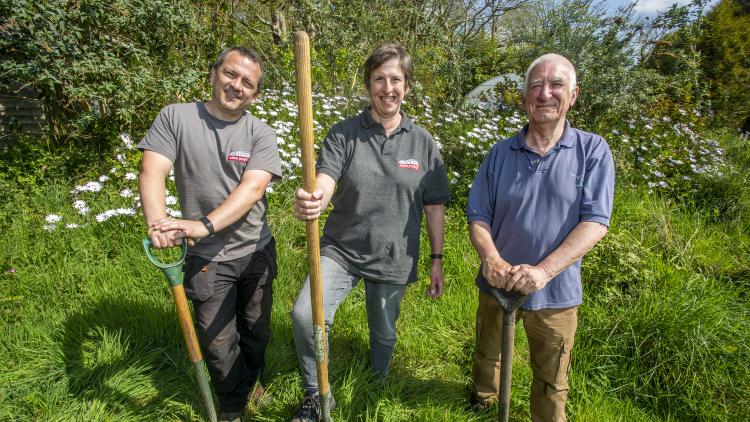 Eden Project horticultural therapy staff James Clark and Julia Durbin with retired Army veteran Mick Mullaney (right) in the therapy garden at Eden.