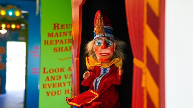 A Punch and Judy style puppet in the Tunnel of Love exhibit