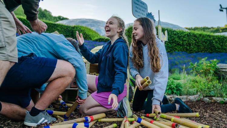 Family playing game to make a bug hotel