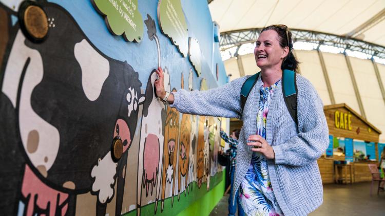 Woman playing game by hitting giant corks to stop cow farts and burps