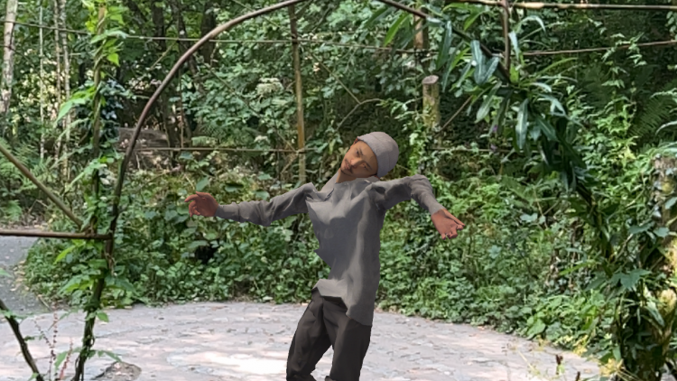 An augmented reality man dances in the outdoor gardens