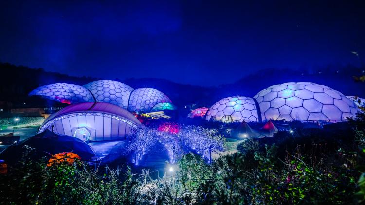 Eden Project Biomes at night light up lilac