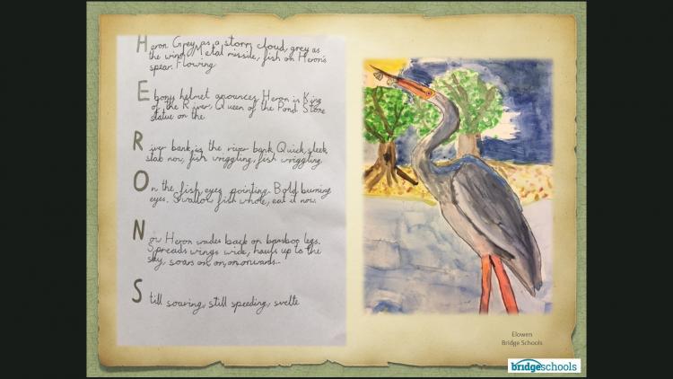 Drawing and poem about a heron, designed by a child