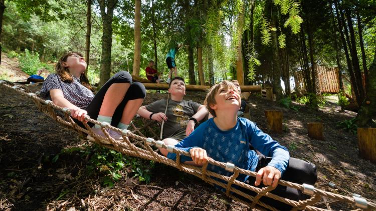 Children lying in a net in a wooded play area