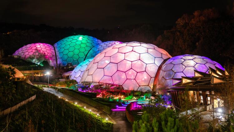 Eden's Biomes light up in multicolours at night