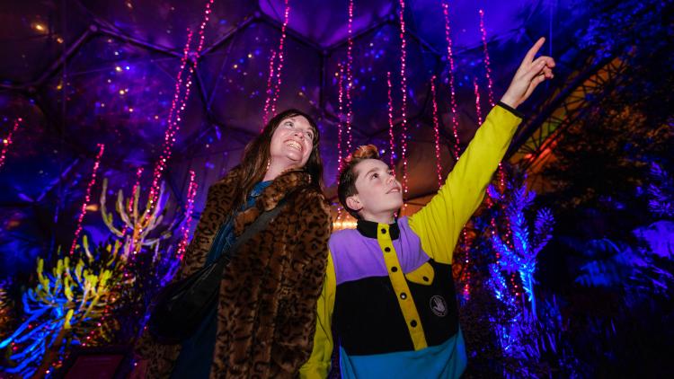 Mother and son looking at sparkling lights in the Med Biome