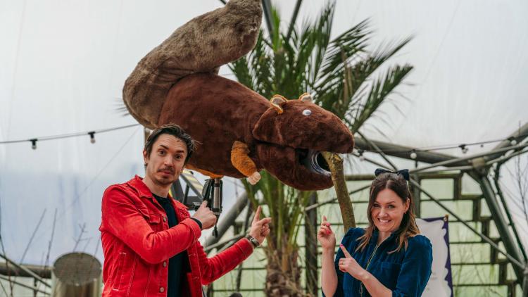 Giant squirrel invention with engineers Kate and Shawn from Kids Invent Stuff  pointing at the creation