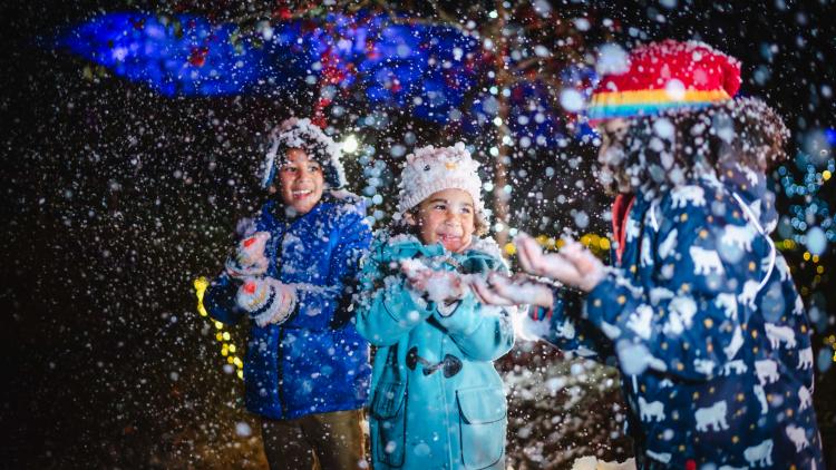 Children playing in artificial snow at the Eden Project