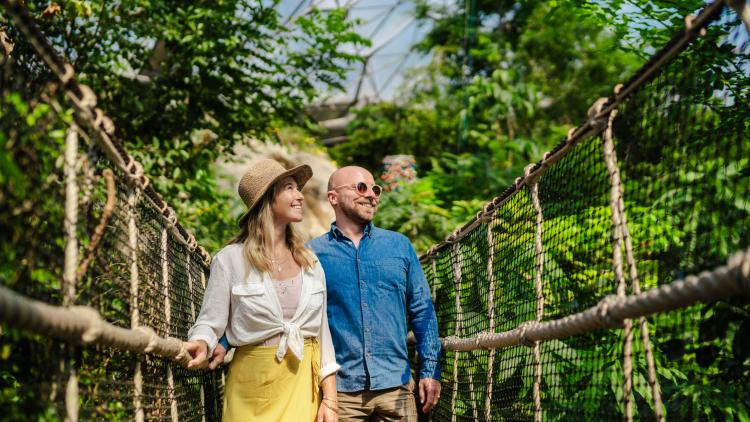 Couple smiling as they walk across a wobbly bridge in the Rainforest Biome