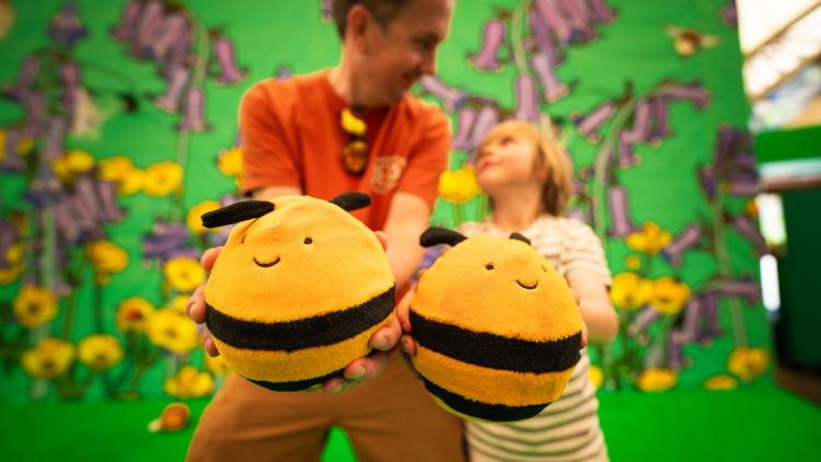 Father and son holding out bee-shaped balls