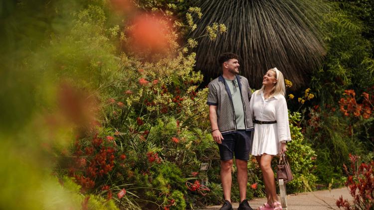 Couple smiling in a garden at the Eden Project
