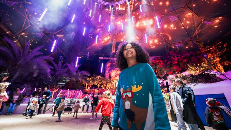Little boy with dark hair wearing a blue Christmas jumper looking up at the purple lights in the Med Biome