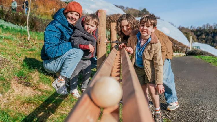 Family rolling wooden marble down marble run