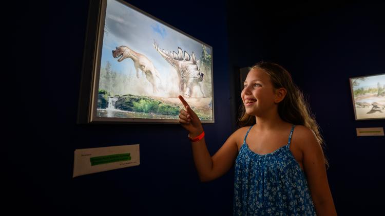 Girl looking at dinosaur exhibition