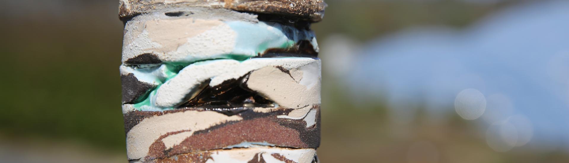 A close up view of the cores sculptures which slim trunks made out of multiple types of clay