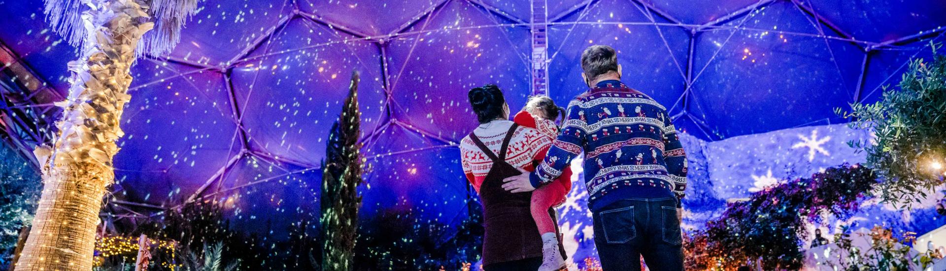 Family enjoying Christmas lights in the Mediterranean Biome