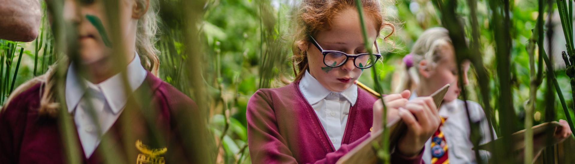 A group of school pupils walking through a biome, you can see them through the greenery and they are writing on clipboards