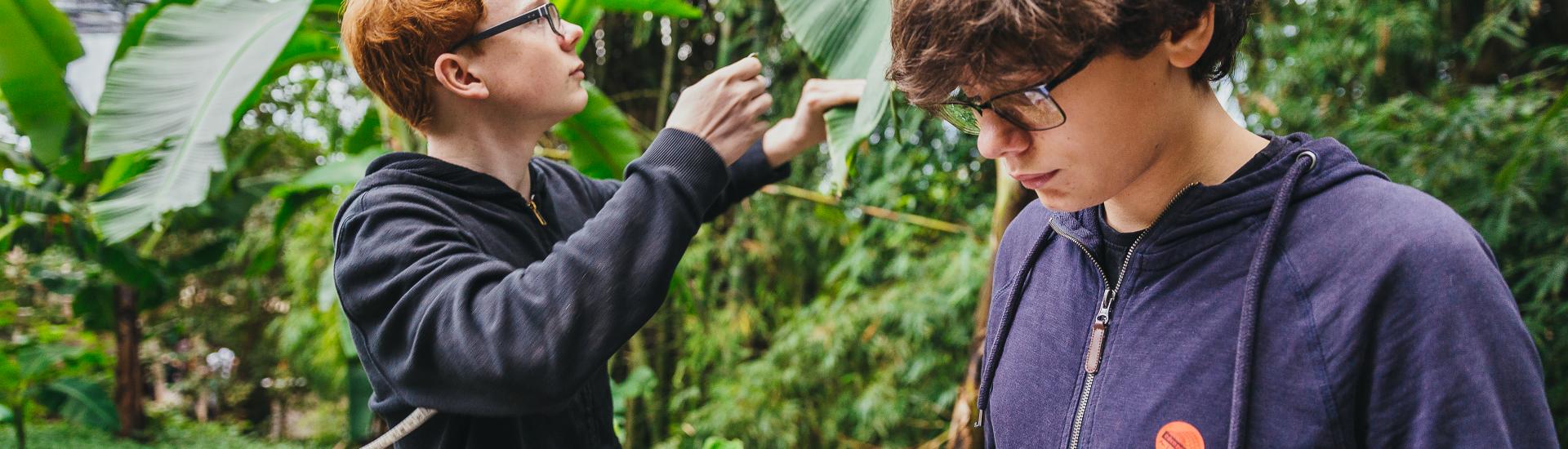 Two students working on the photosynthesis workshop, one is looking at large green leaves and the other is writing on a clipboard