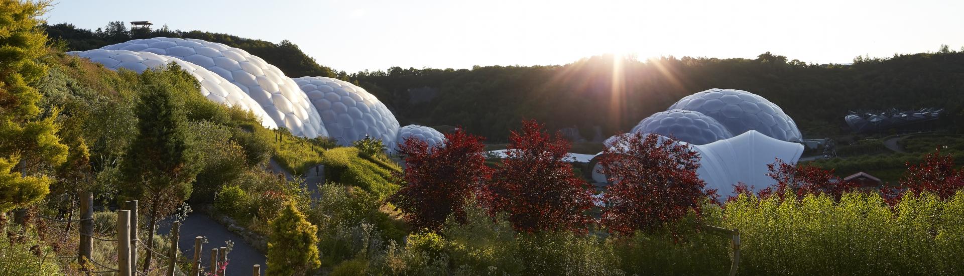 Early morning sun rising up over Eden Project Biomes