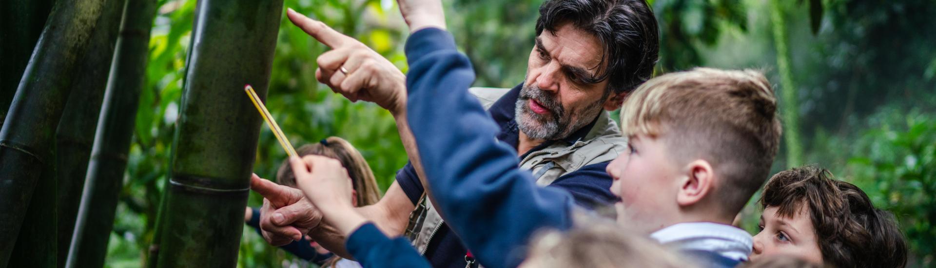 Eden teaching facilitator with pupils in the Rainforest Biome