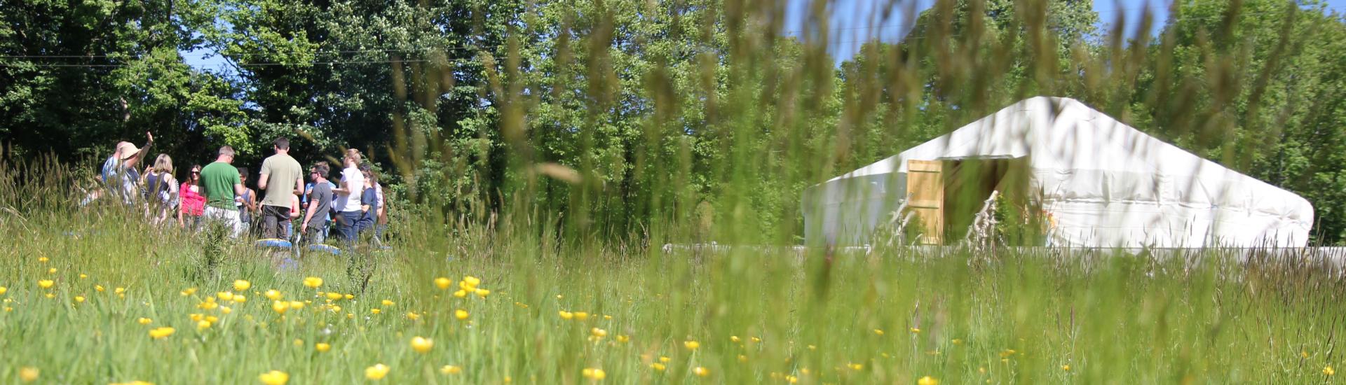 HotHouse participants in a field with a round tent