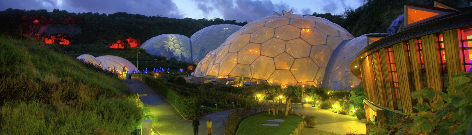 A view of the biomes at Eden lit up during twilight