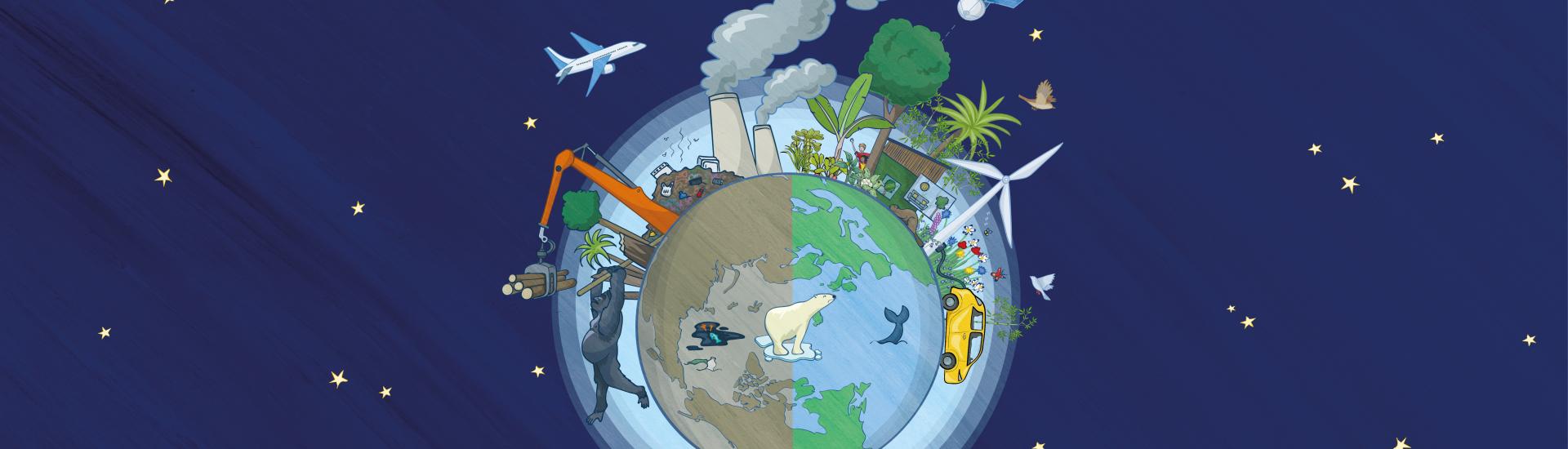 Illustration of the world with half being destroyed and the other half using eco solutions to thrive