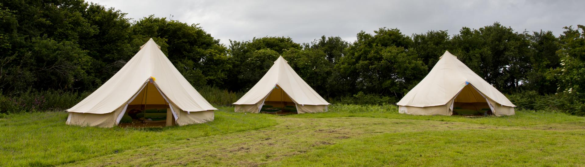 A view of three camping tents in a field at the Eden Project