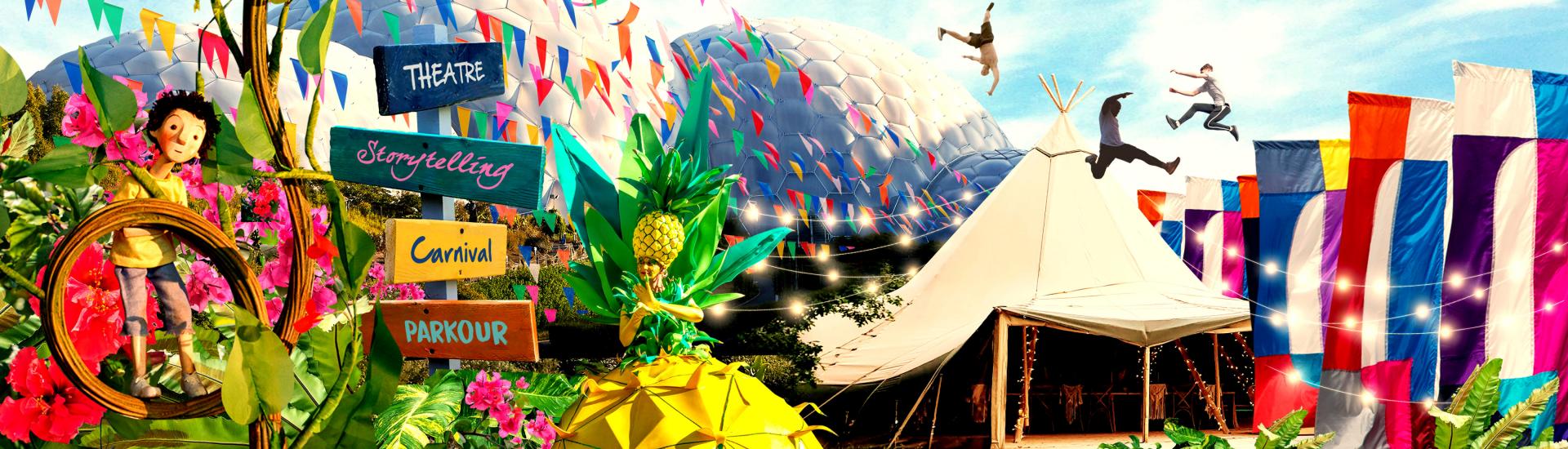 Eden Project with festival style flags, bunting and performers