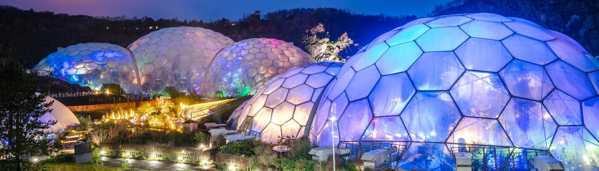 Eden's Biomes lit up with Christmas lighting