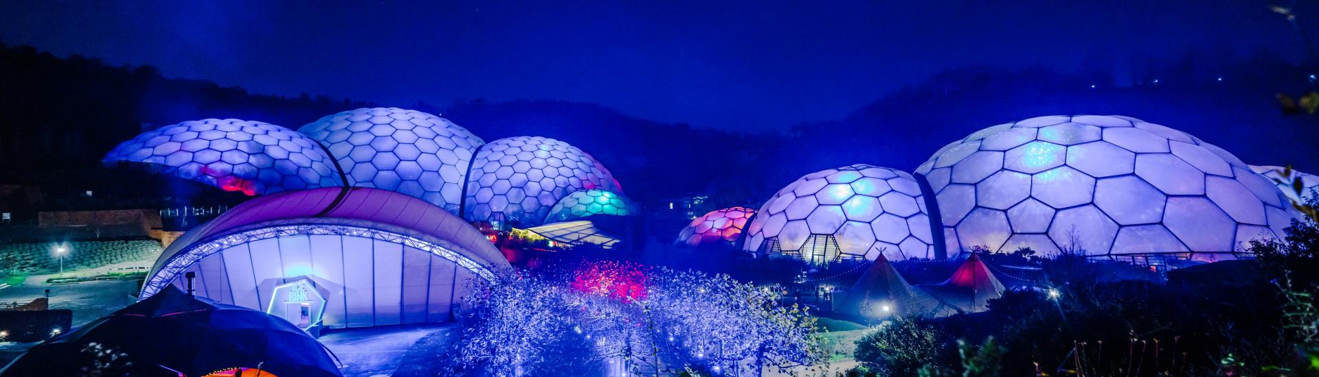 Eden Project Biomes at night light up lilac