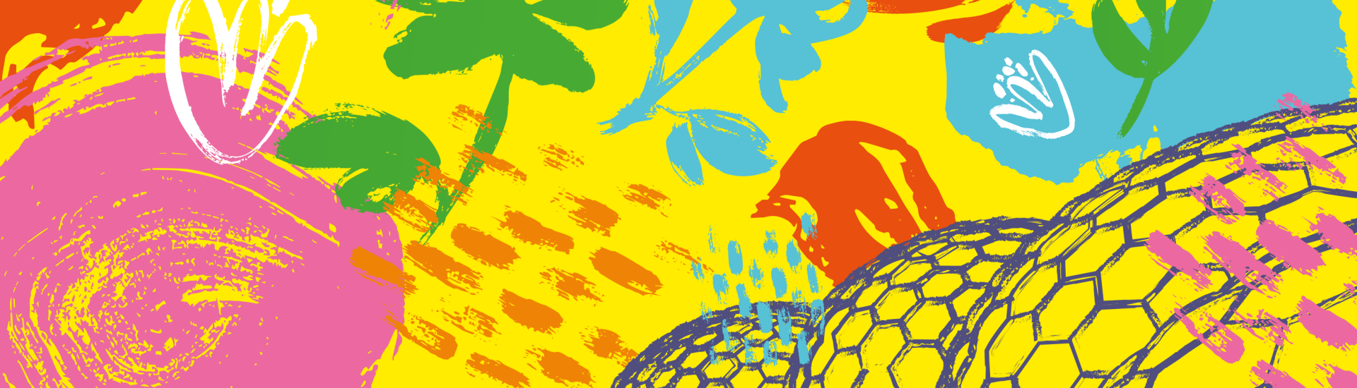 Bright painted brush strokes depicting plants and Eden Project Biomes