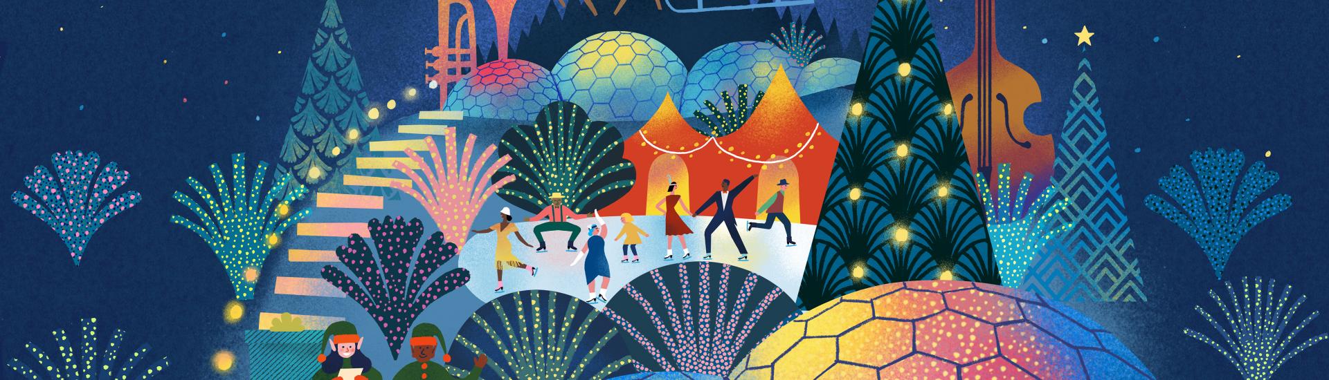 Christmas illustration of Eden Project with ice rink, lit up Biomes, elves, father Christmas flying through the sky and elves